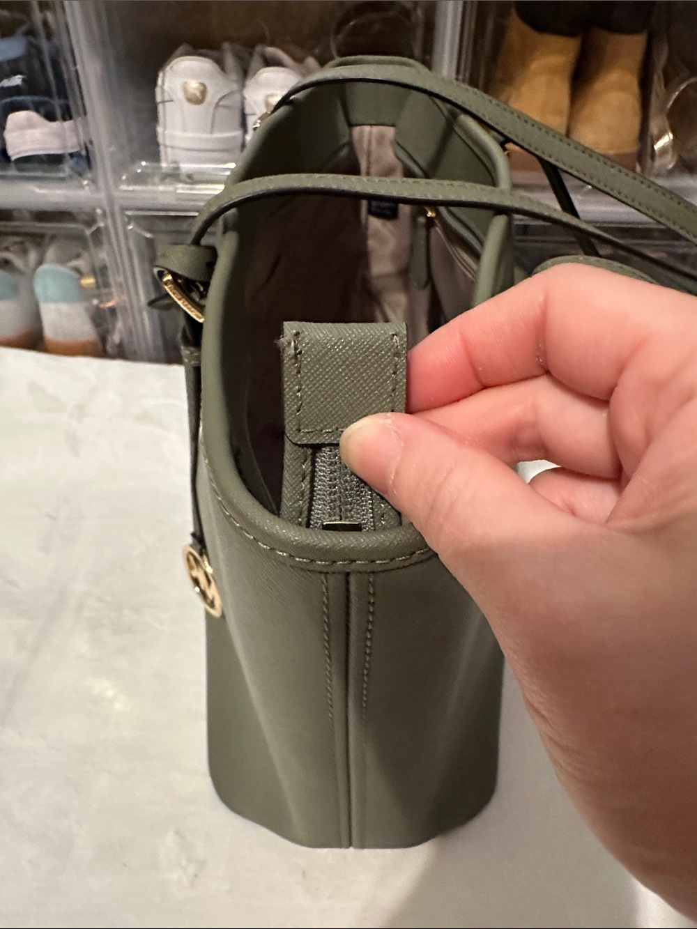 Michael Kors Olive Saffiano Leather Tote with Gold Accents - Picture 5 of 16